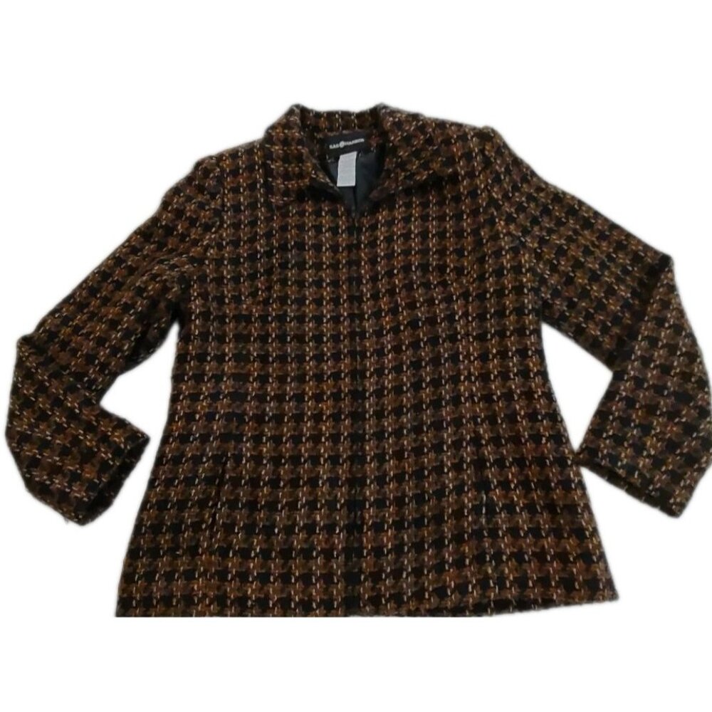 Vintage Sag Harbor Blazer Women Size 12 Black  Brown Plaid Tweed Full Zip